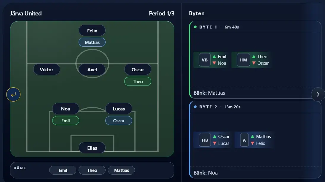 Spelplan matchvy — uppställning och byten på sidlinjen